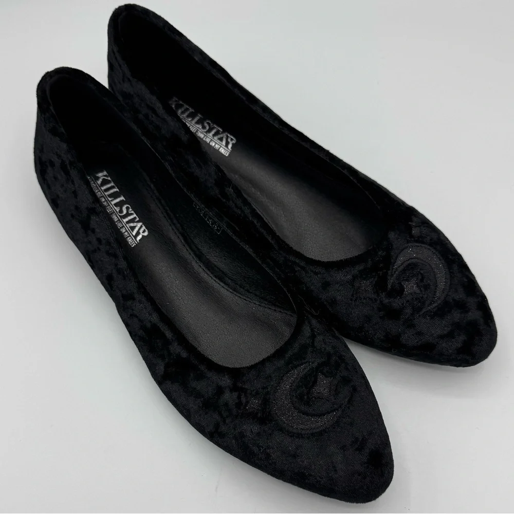 Killstar Black Velvet Pointed Ballet Flats
